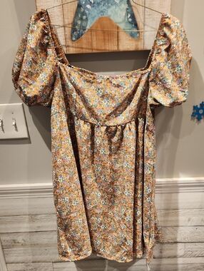 NWT SHEIN Vcay Mustard Floral Puff-Sleeve Dress Sz XL (US 12)